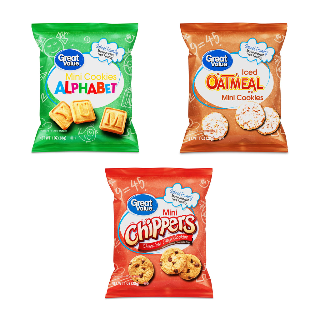 Great Value Mini Alphabet, Chippers & Oatmeal Cookies Variety Pack, 1 oz, 30 Snack Packs