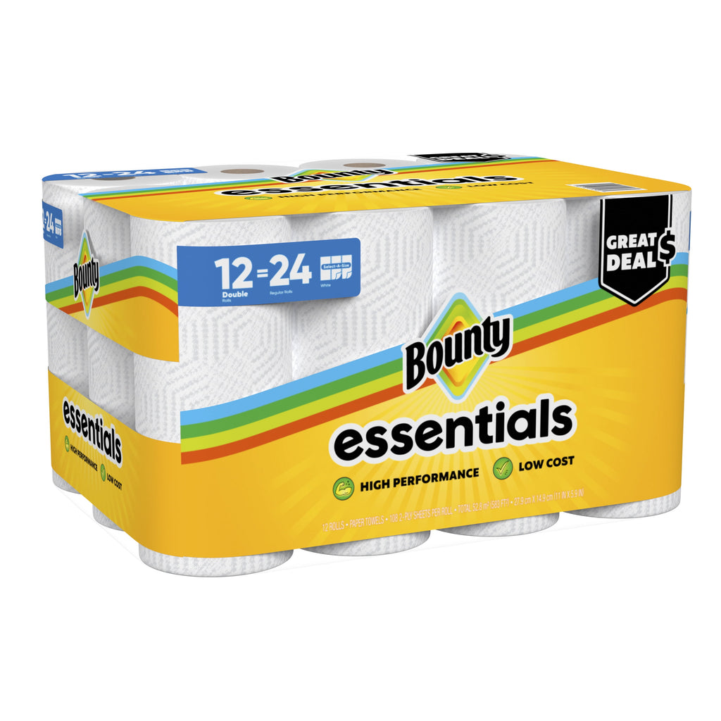 Bounty Essentials Paper Towels Select-A-Size 6 Double Rolls, White, 108 Sheets Per Roll