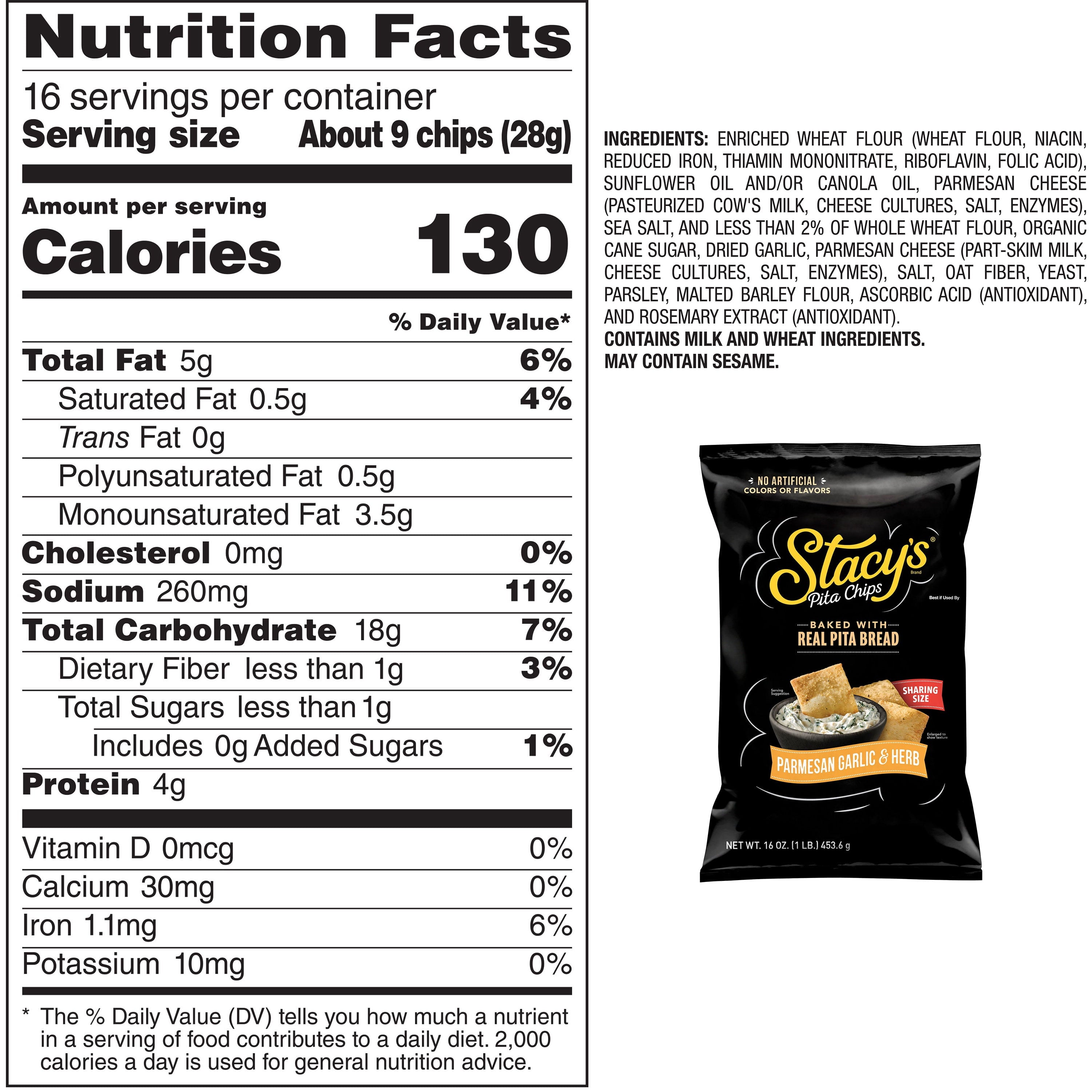 Stacy’s No Artificial Colors or Flavors Parmesan Garlic Pita Chips Bag, 16 oz