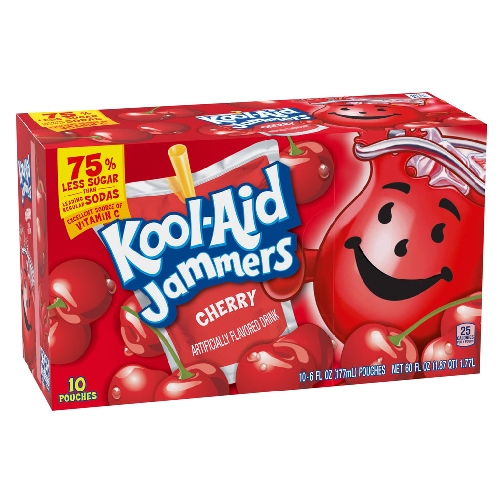 Kool-Aid Jammers Artificially Flavored Drink, 10 Pouches, for School Lunches and On-the-Go Hydration, Cherry Flavor, Excellent Source of Vitamin C, 6 fl oz