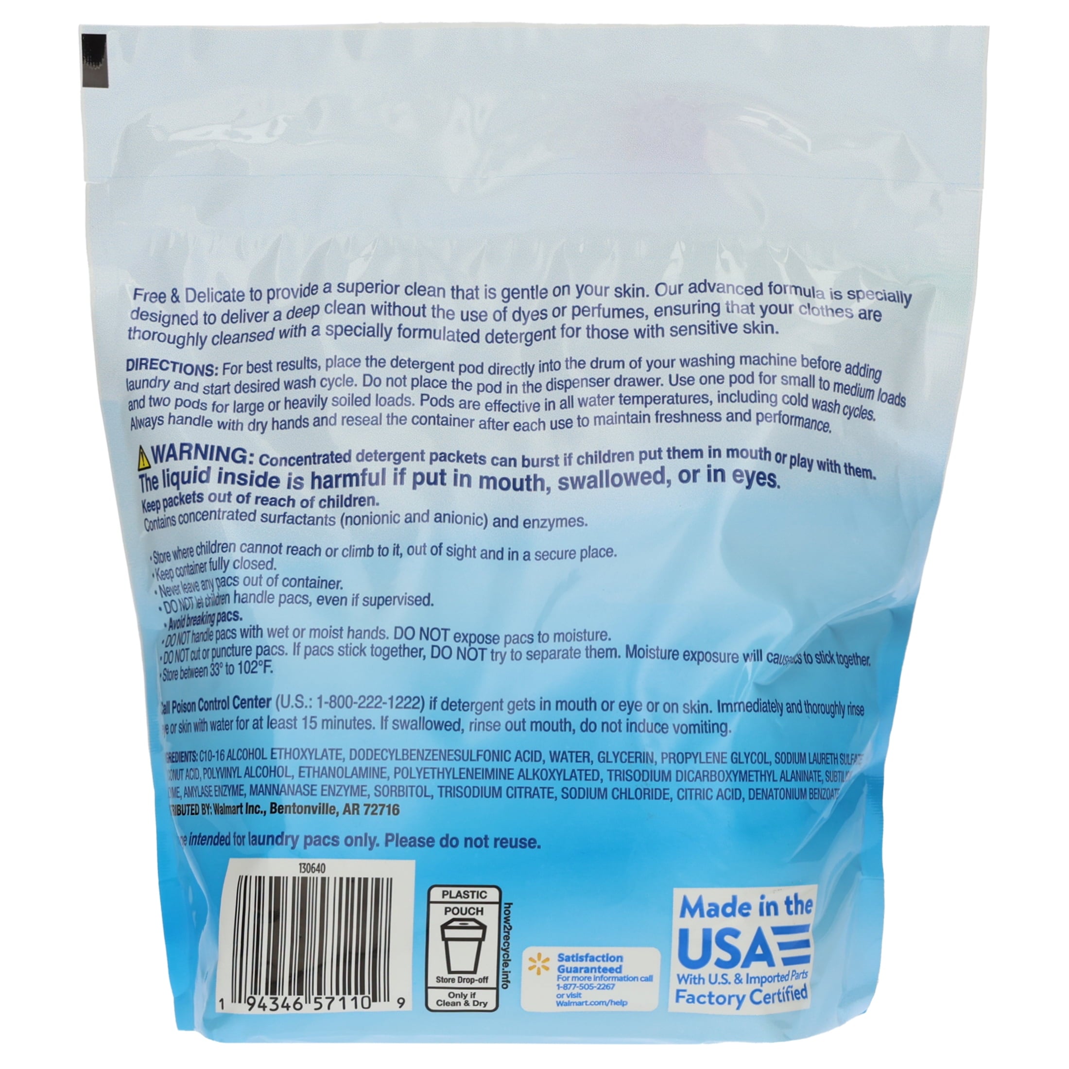 Great Value Free & Delicate Ultra Laundry Detergent Pods, Unscented, 102 Count
