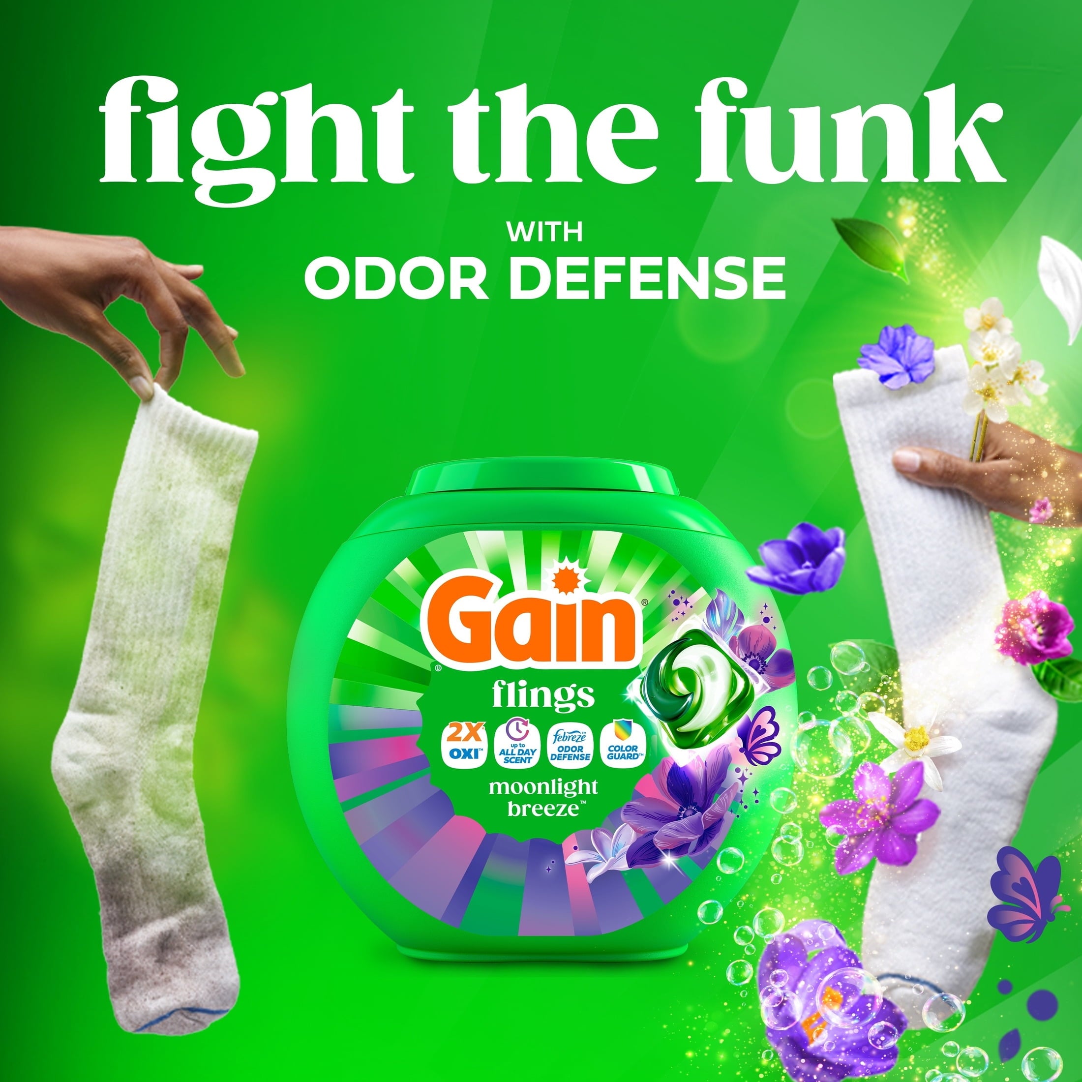 Gain Flings Laundry Detergent Soap Pacs, 4-in-1 Oxi Boost and Febreze, Moonlight Breeze Scent, 102 Count