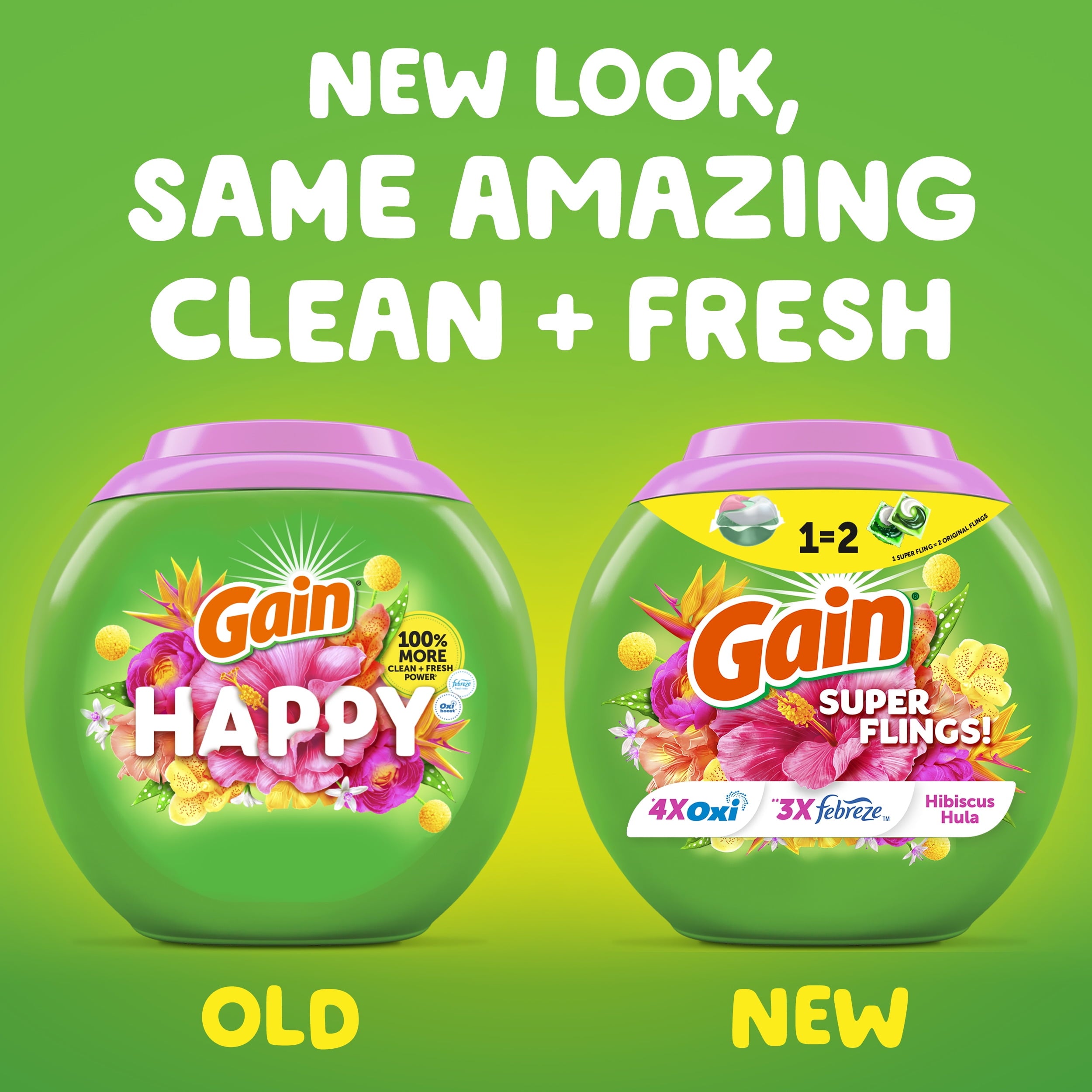 Gain Plus Flings Laundry Detergent Soap Pacs, All-In-One, Happy Hibiscus Scent, 32 Count