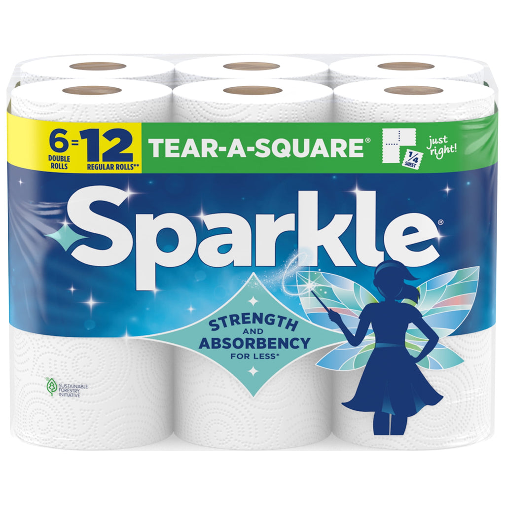 Sparkle Tear-A-Square Paper Towels, 6 Double Rolls, 110 Sheets per Roll