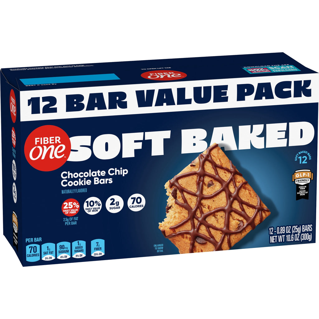 Fiber One Soft Baked Chocolate Chip Cookie Bars, Fiber Snacks, Value Pack, 12 Ct, 10.6 oz