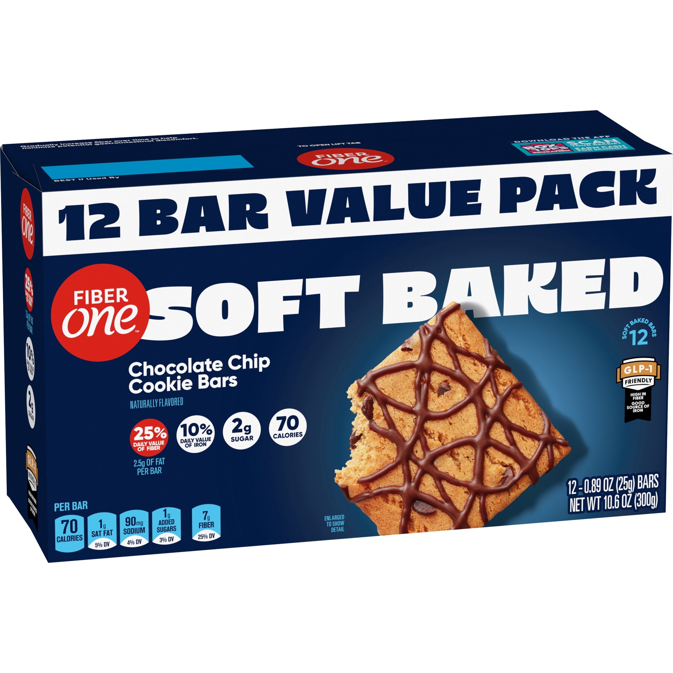 Fiber One Soft Baked Chocolate Chip Cookie Bars, Fiber Snacks, Value Pack, 12 Ct, 10.6 oz