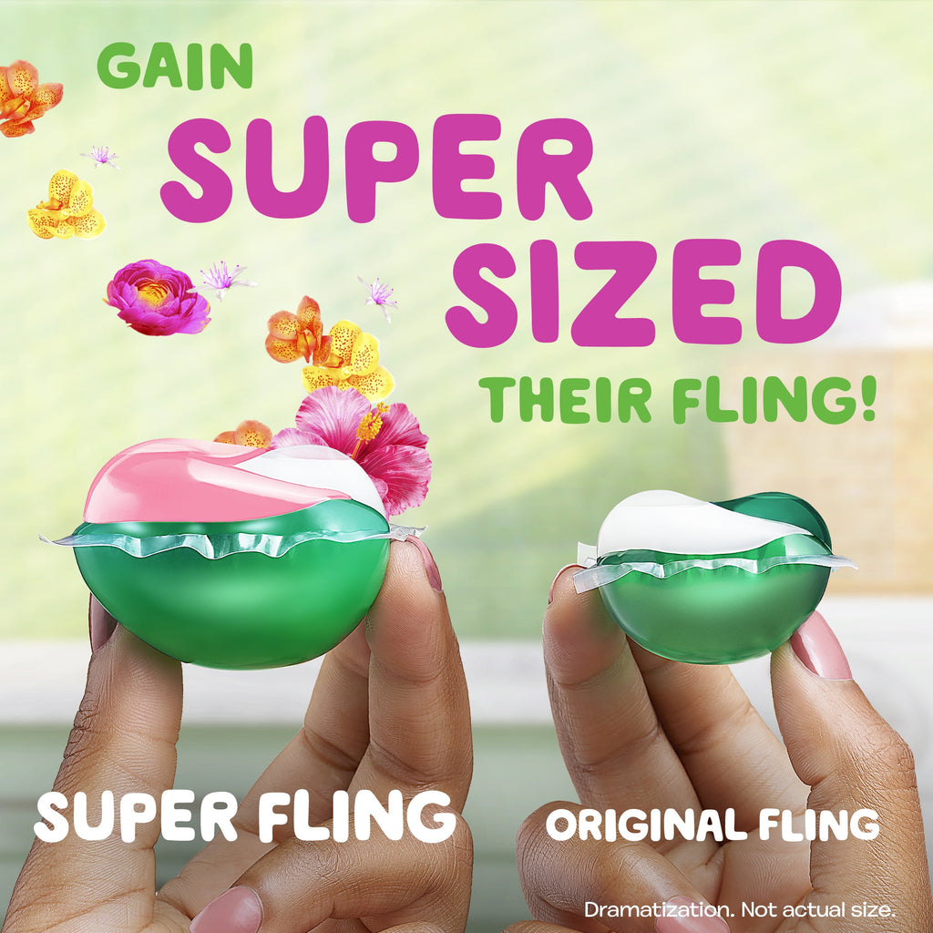 Gain Plus Flings Laundry Detergent Soap Pacs, All-In-One, Happy Hibiscus Scent, 32 Count