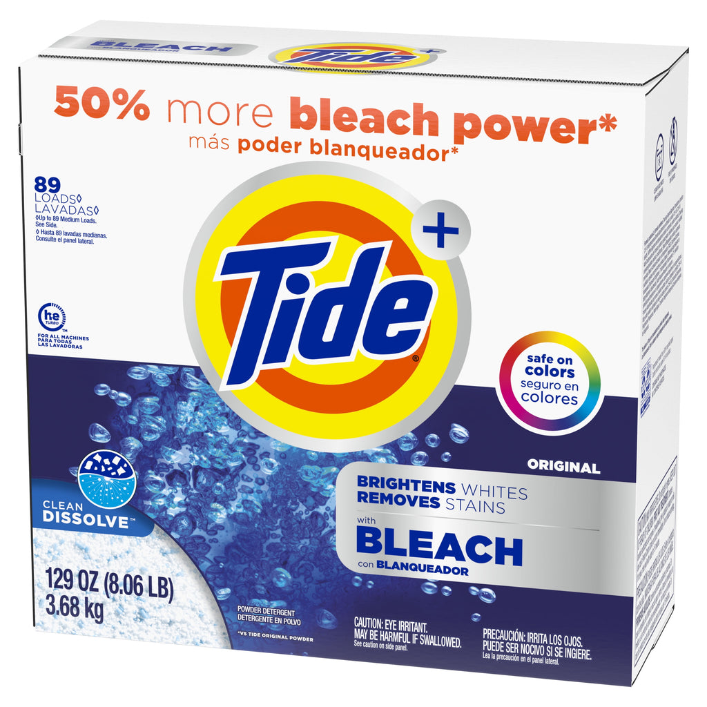 Tide Plus Bleach Powder Laundry Detergent, Original Scent, 129 oz, 89 Loads