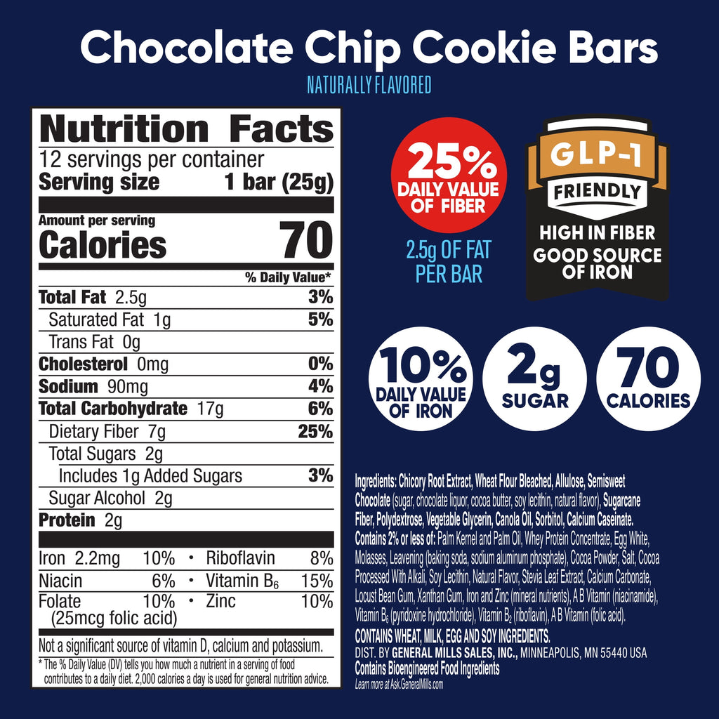 Fiber One Soft Baked Chocolate Chip Cookie Bars, Fiber Snacks, Value Pack, 12 Ct, 10.6 oz