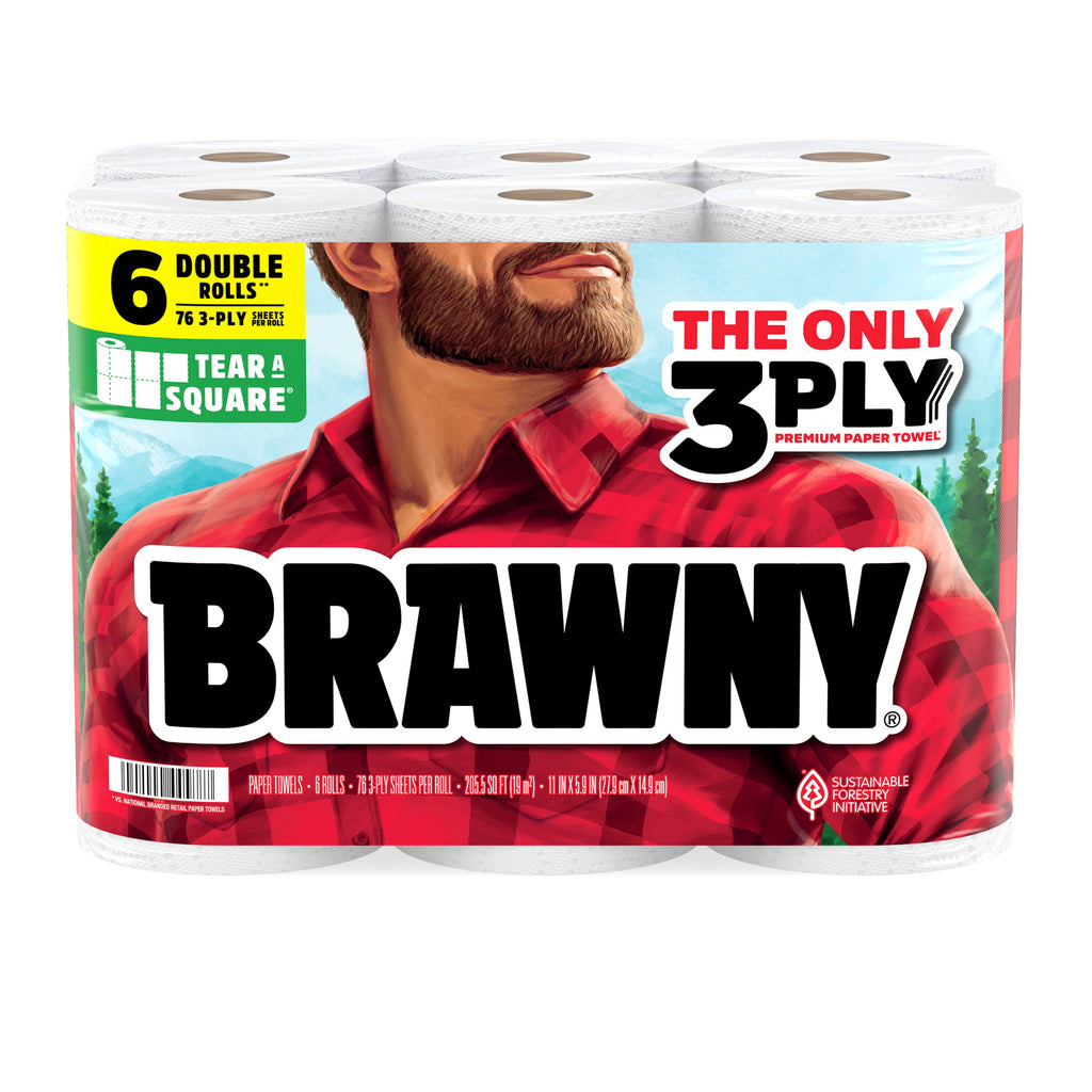 Brawny Tear-A-Square 3-Ply Paper Towels, 6 Double Rolls, 76 Sheets per Roll