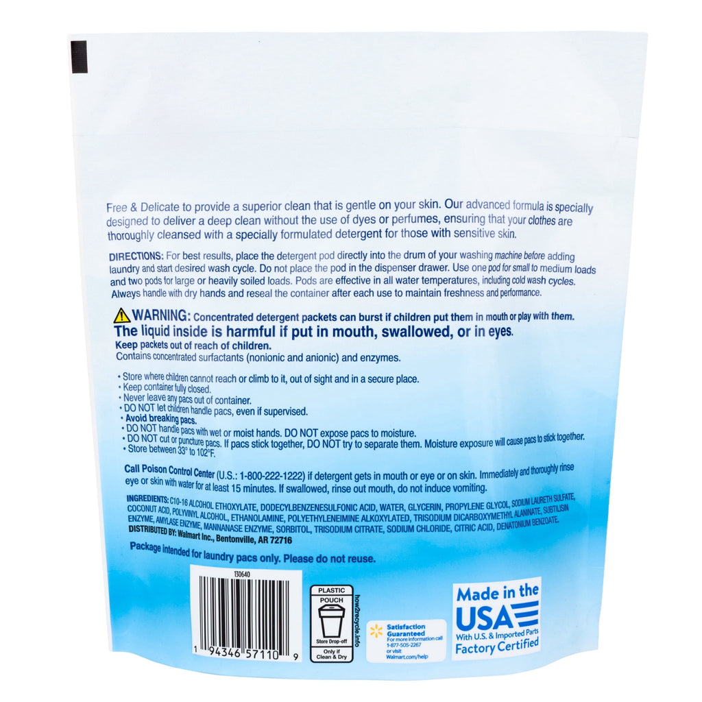 Great Value Free & Delicate Ultra Laundry Detergent Pods, Unscented, 102 Count