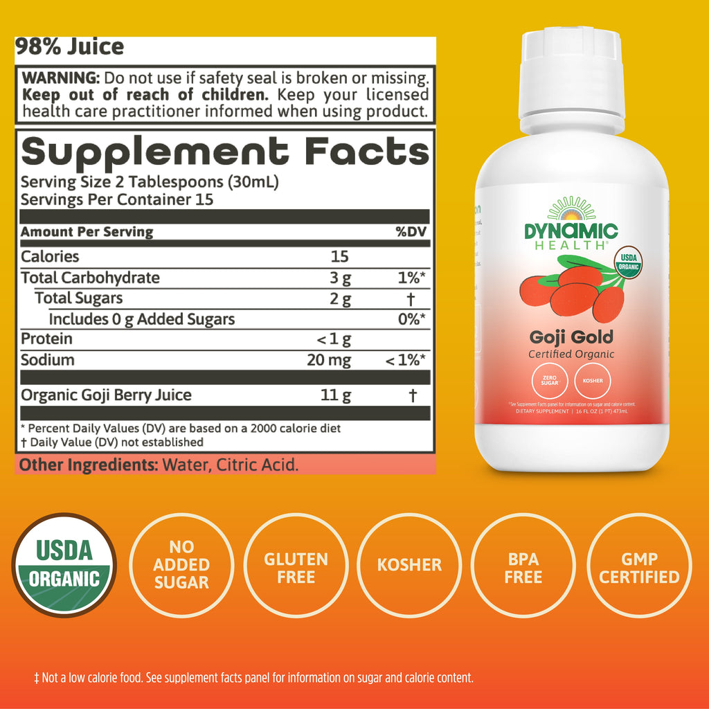 Dynamic Health Goji Gold | Organic Goji 100% Juice | Vegetarian, No Gluten or BPA, Dietary Supplement | 16oz