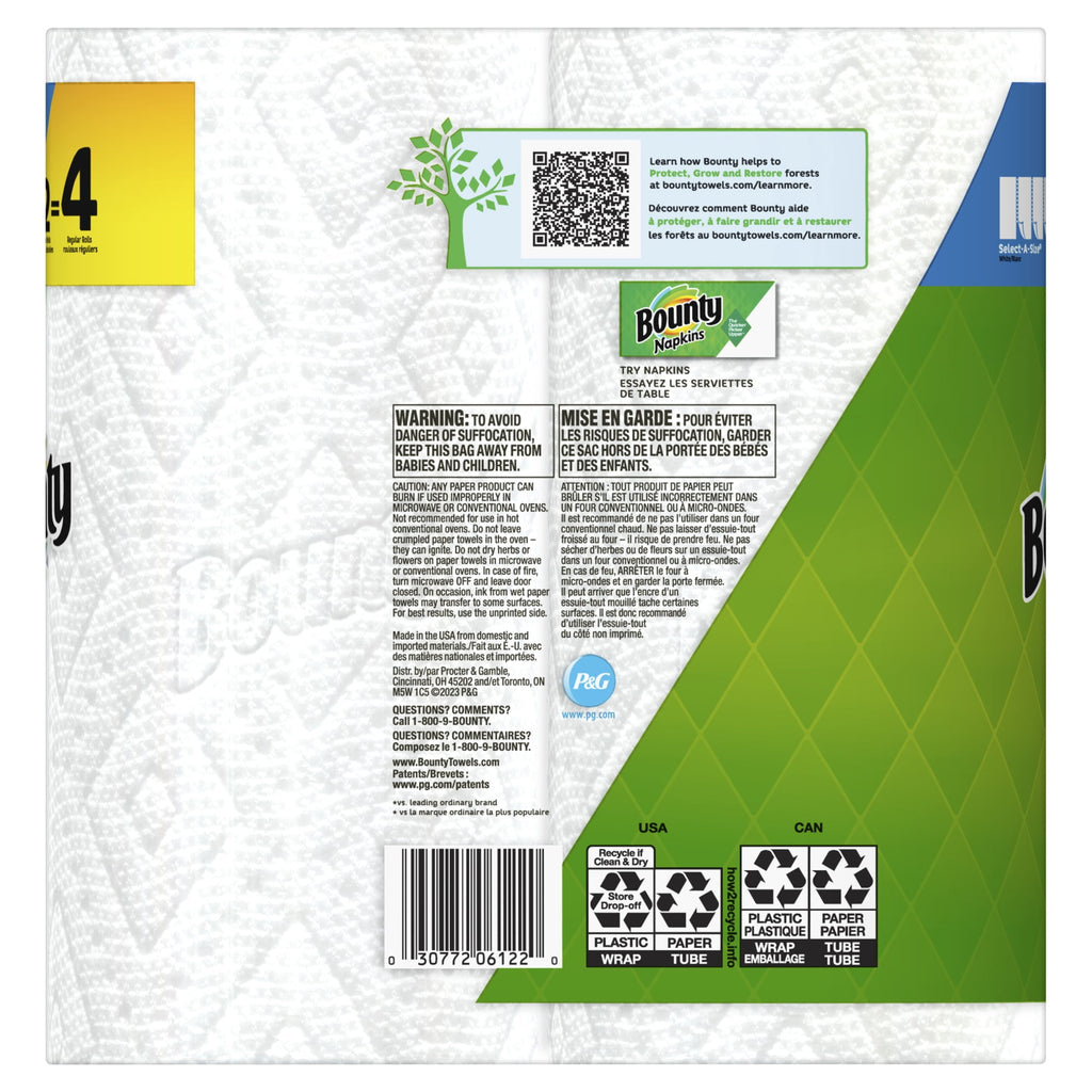 Bounty Select-A-Size 2-Ply Paper Towels, Double Roll, 11" x 6", White, 90 Sheets Per Roll, Pack Of 2 Rolls