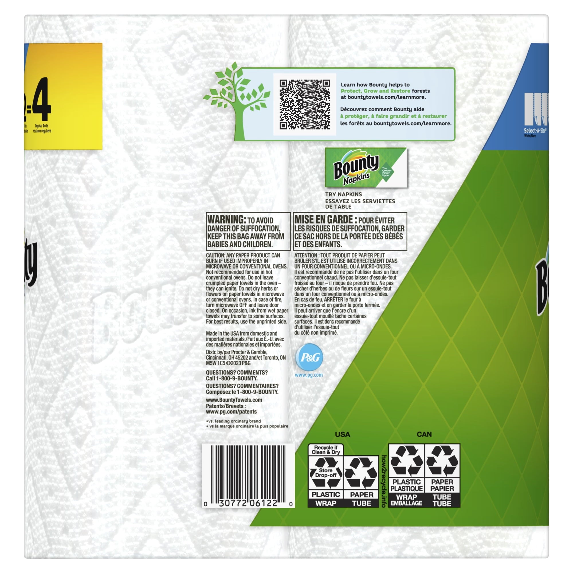 Bounty Select-A-Size 2-Ply Paper Towels, Double Roll, 11" x 6", White, 90 Sheets Per Roll, Pack Of 2 Rolls