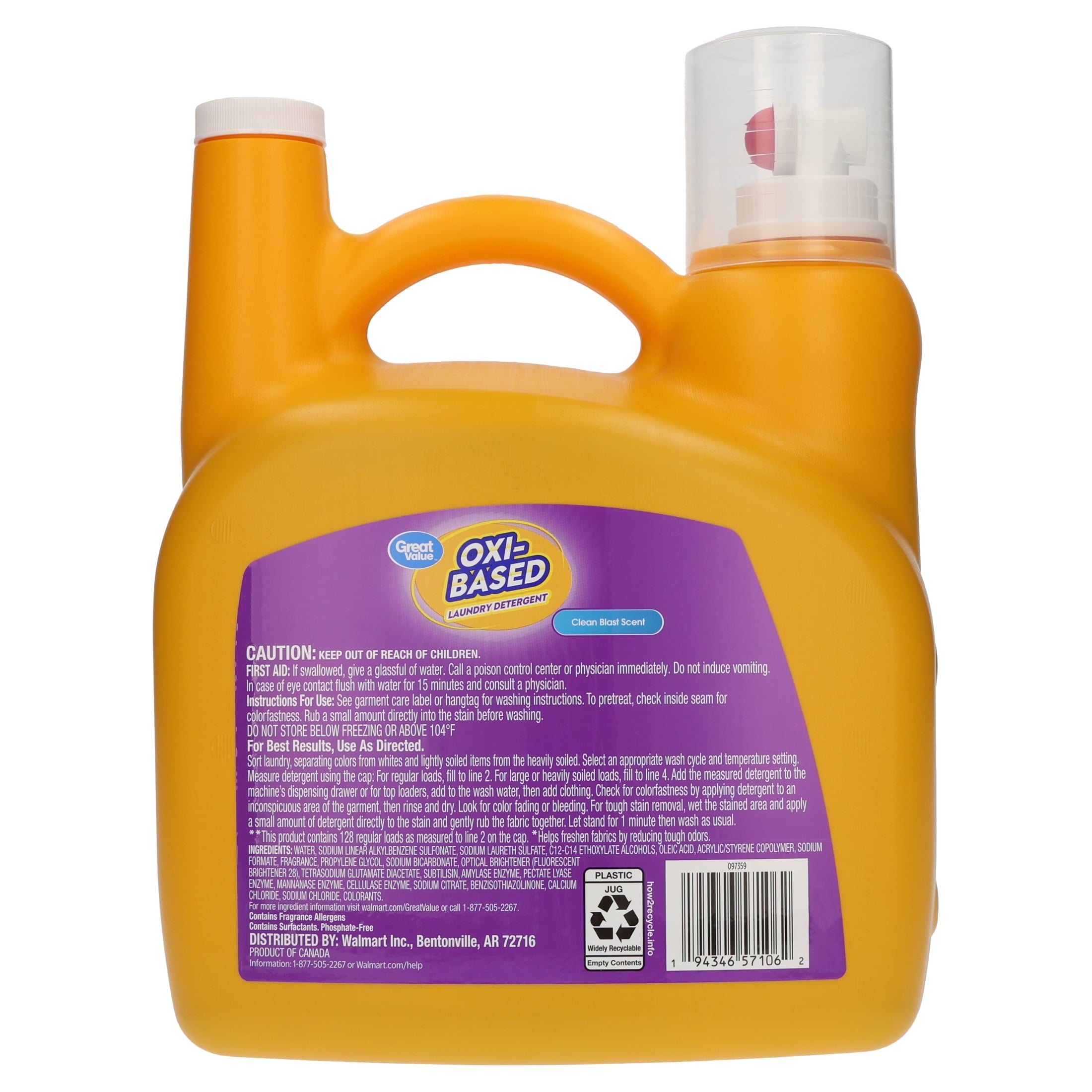 Great Value Oxi-Based Laundry Detergent, Clean Blast, 166.5 fl oz, 128 Loads