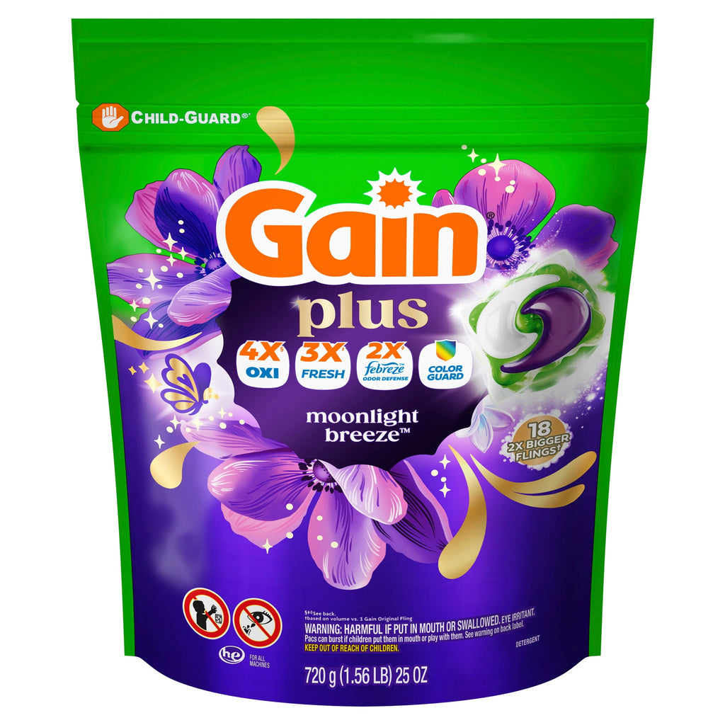 Gain Plus Flings Laundry Detergent Liquid Washing Pacs, Gain's Best All-In-One Clean, Moonlight Breeze Scent, 18 Count