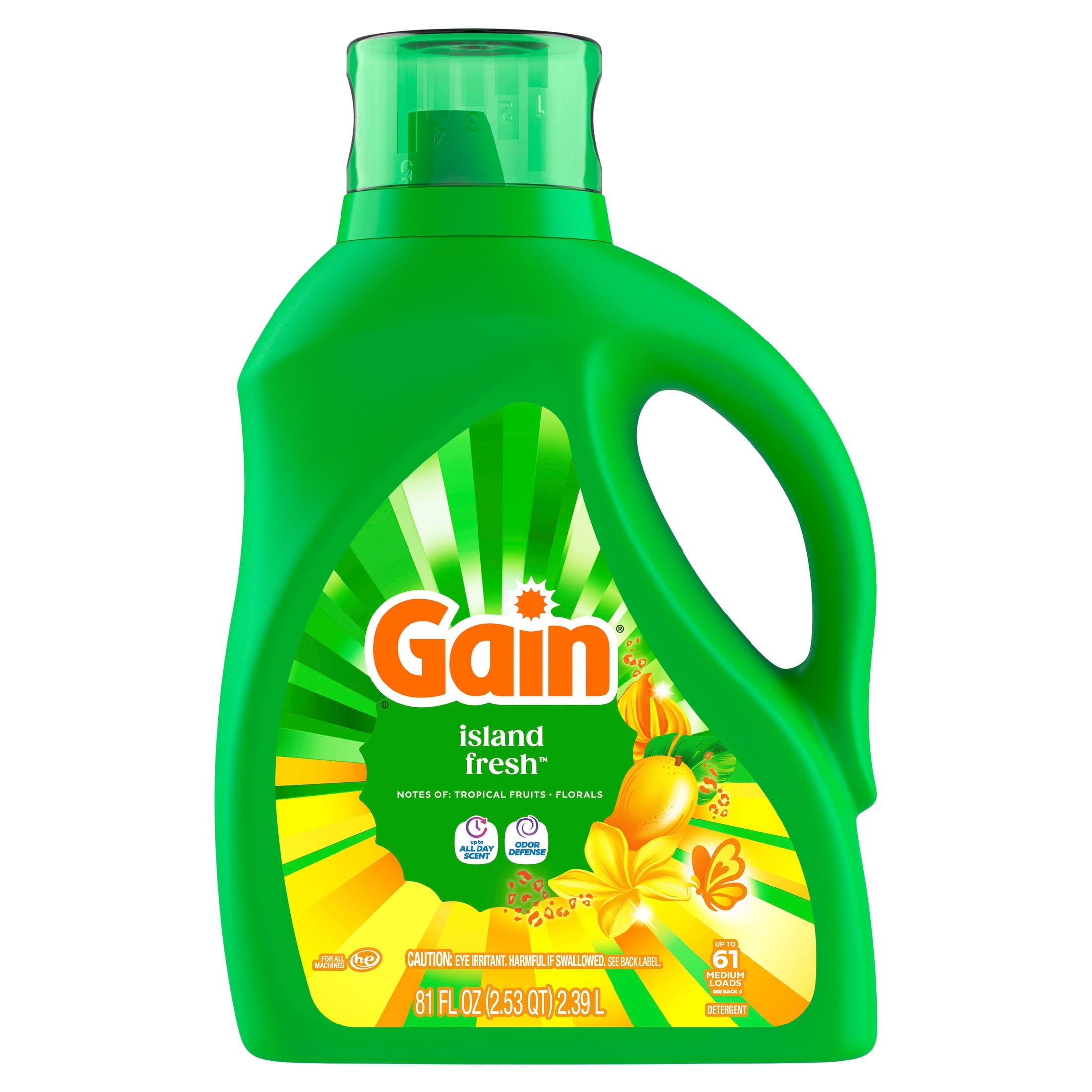 (2 pack) Gain Laundry Detergent Liquid, Now with Odor Defense, Island Fresh Scent, 81 fl oz, 61 Loads