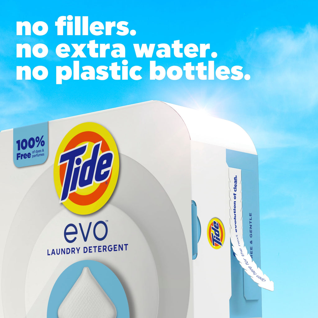 Tide Evo Free & Gentle Laundry Detergent Tiles, Works on 100% of Common Stains, Unscented, 16 Count
