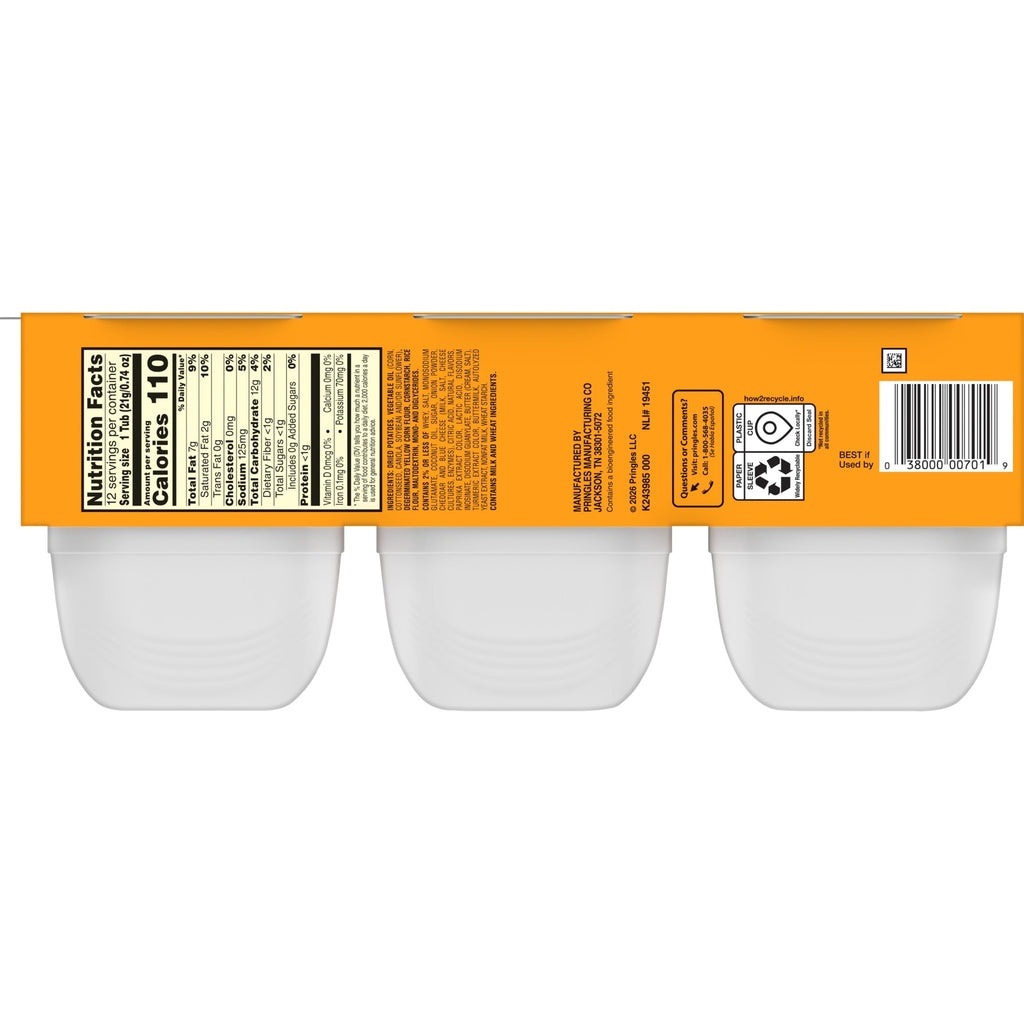 Pringles Potato Crisps Chips, Lunch Snacks, Snack Cups, Cheddar Cheese, 8.8oz Tray (12 Cups)